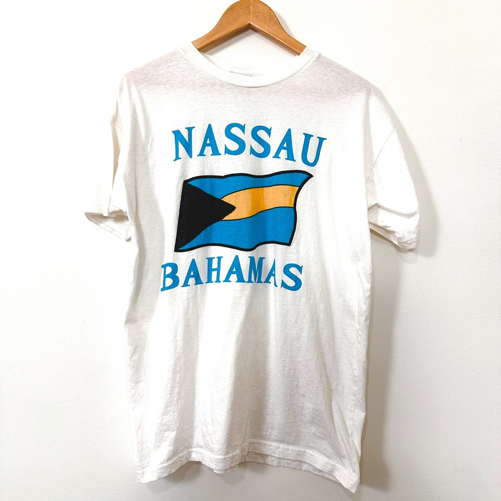 VTG 90s Nassau Bahamas Flag T Shirt XXL Single Stitch White Souvenir Tee Beachy
